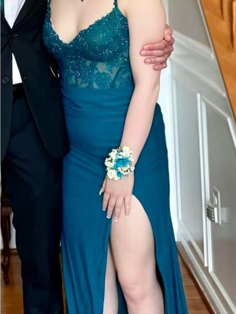 La Femme Teal High-Slit Evening Dress